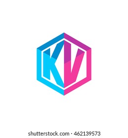 Initial letters KV hexagon box shape logo blue pink purple