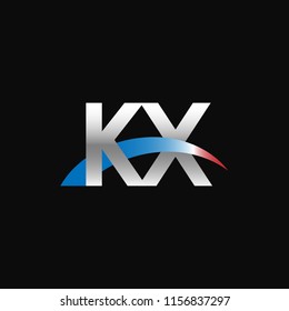Initial letters KX overlapping movement swoosh logo, metal silver blue red color on black background