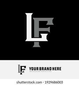 Initial letters L, F, LF or FL overlapping, interlock, monogram logo, white and gray color on black background