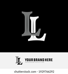 Initial letters L or LL overlapping, interlock, monogram logo, white and gray color on black background