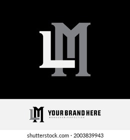Letras iniciales L, M, LM o ML superpuestas, logotipo de monograma interbloqueado, color blanco y gris sobre fondo negro
