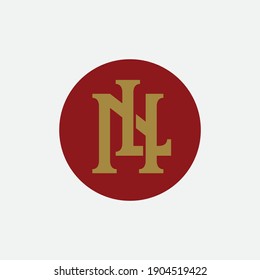 Initial letters L, N, LN or NL overlapping, interlock, monogram logo, red and gold color on white background
