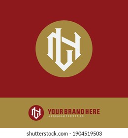 Initial letters L, N, LN or NL overlapping, interlock, monogram logo, white and gold color on red background