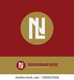 Initial letters L, N, LN or NL overlapping, interlock, monogram logo, white and gold color on red background