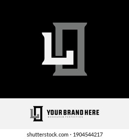 Initial letters L, O, LO or OL overlapping, interlock, monogram logo, white and gray color on black background