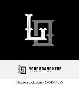 Initial letters L, O, LO or OL overlapping, interlock, monogram logo, white and gray color on black background