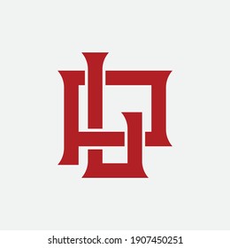 Initial letters L, P, LP or PL overlapping, interlock, monogram logo, red color on white background