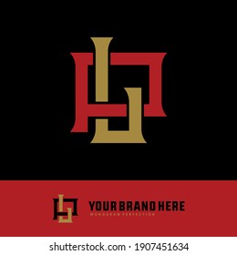 Initial letters L, P, LP or PL overlapping, interlock, monogram logo, red and gold color on black background