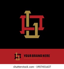 Initial letters L, P, LP or PL overlapping, interlock, monogram logo, red and gold color on black background