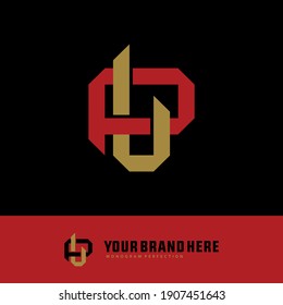 Initial letters L, P, LP or PL overlapping, interlock, monogram logo, red and gold color on black background