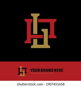 Initial letters L, P, LP or PL overlapping, interlock, monogram logo, red and gold color on black background