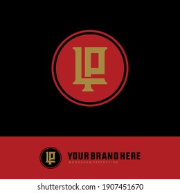 Überlappende Anfangsbuchstaben L, P, LP oder PL, Verriegelung, Monogramm-Logo, rote und goldene Farbe auf schwarzem Hintergrund