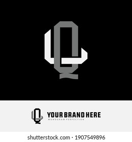 Initial letters L, Q, LQ or QL overlapping, interlock, monogram logo, white and gray color on black background