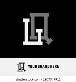 Überlappende Anfangsbuchstaben L, Q, LQ oder QL, Verriegelung, Monogramm-Logo, weiße und graue Farbe auf schwarzem Hintergrund