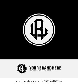 Überlappende Anfangsbuchstaben L, R, LR oder RL, Verriegelung, Monogramm-Logo, weiße und schwarze Farbe auf schwarzem Hintergrund