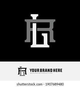 Initial letters L, R, LR or RL overlapping, interlock, monogram logo, white and gray color on black background
