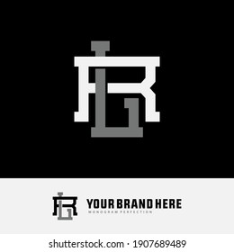 Initial letters L, R, LR or RL overlapping, interlock, monogram logo, white and gray color on black background