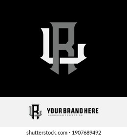 Initial letters L, R, LR or RL overlapping, interlock, monogram logo, white and gray color on black background