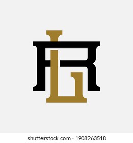 Initial letters L, R, LR or RL overlapping, interlock, monogram logo, black and gold color on white background
