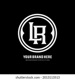 Initial letters L, R, LR or RL overlapping, interlocked monogram logo, white color on black background
