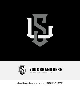 Initial letters L, S, LS or SL overlapping, interlock, monogram logo, white and gray color on black background