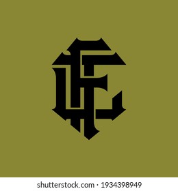 Initial letters L, T, F, LTF, LFT, TFL, TLF, FLT or FTL overlapping, interlock, monogram logo, black color on green background