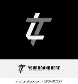 Initial letters L, T, LT or TL overlapping, interlock, monogram logo, white and gray color on black background