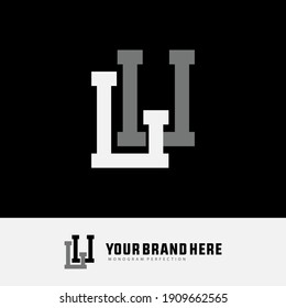 Initial letters L, U, LU or UL overlapping, interlock, monogram logo, white and gray color on black background