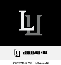 Initial letters L, U, LU or UL overlapping, interlock, monogram logo, white and gray color on black background