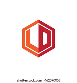 Initial letters LD hexagon shape logo red orange