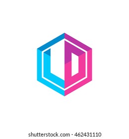 Initial letters LD, LO, hexagon box shape logo blue pink purple