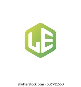 Initial letters LE rounded hexagon shape green simple modern logo