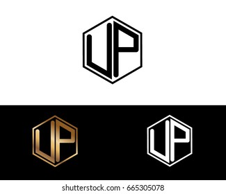 UP initial letters linked with hexagon shape logo

