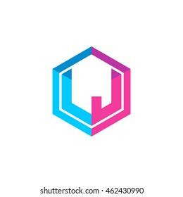 Initial letters LJ hexagon box shape logo blue pink purple