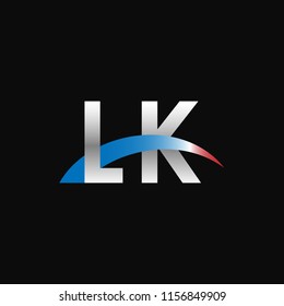 Initial letters LK overlapping movement swoosh logo, metal silver blue red color on black background