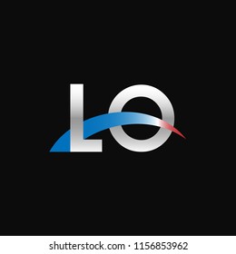 Initial letters LO overlapping movement swoosh logo, metal silver blue red color on black background
