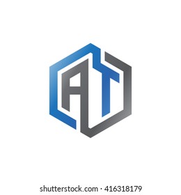 AT initial letters loop linked hexagon logo black gray blue