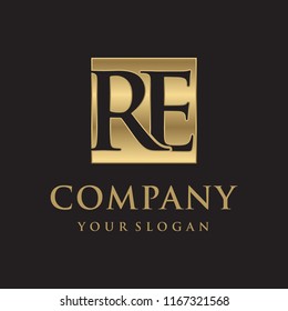 RE initial letters looping linked box elegant logo golden black background
