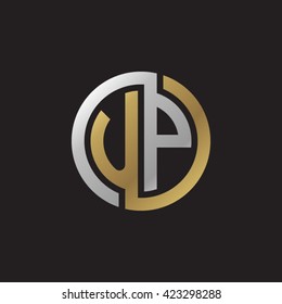 UP initial letters looping linked circle elegant logo golden silver black background
