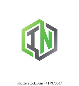 IN initial letters looping linked hexagon logo black gray green