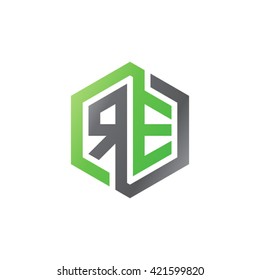 RE initial letters looping linked hexagon logo black gray green