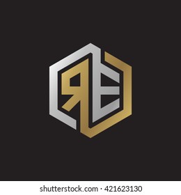 RE initial letters looping linked hexagon elegant logo golden silver black background