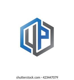 UP initial letters looping linked hexagon logo black gray blue