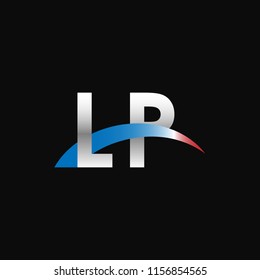 Initial letters LP overlapping movement swoosh logo, metal silver blue red color on black background