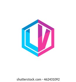 Initial letters LV hexagon box shape logo blue pink purple