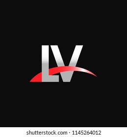 Initial letters LV overlapping movement swoosh logo, metal silver red color on black blackground