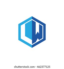 Initial letters LW negative space hexagon shape logo blue