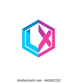 Initial letters LX hexagon box shape logo blue pink purple