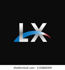 Initial letters LX overlapping movement swoosh logo, metal silver blue red color on black background