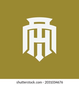 Initial letters M, A, MA or AM overlapping, interlocked monogram logo, white color on gold background